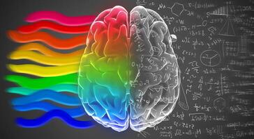 Right and left hemisphere of brain with mathematical formulas and colorful stripes. Creative and logical halves of human mind. photo