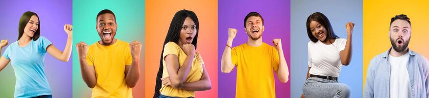 Collage of surprised and happy multiracial men and women clenching fists and celebrating success, posing over colorful gradient studio backgrounds, panorama photo
