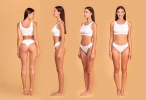 Front, side and back view of slim lady in underwear posing on beige studio background and demonstrating perfect body shape, collage, banner for slimming concept photo