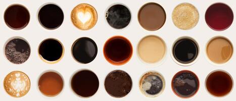 Set of coffee foams isolated on white background. Above view on different cups. photo