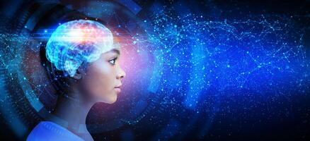 Artificial Intelligence Concept. Profile Portrait Of Black Woman With Illuminated Digital Brain Over Abstract Futuristic Background photo