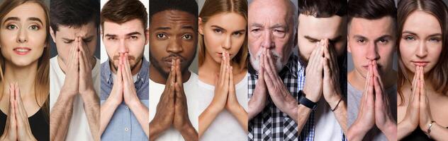 Set of diverse people with hands together in praying gesture at studio background photo