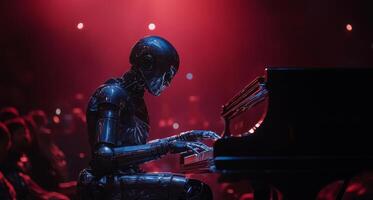 A humanoid robot skillfully plays a piano in a lively theater filled with an engaged audience, illuminated by colorful stage lighting. The performance creates a unique blend of technology and art. photo
