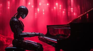 A humanoid robot passionately plays a piano on stage illuminated by vibrant red lights. The theater setting enhances the emotional atmosphere of the musical performance, captivating the audience. photo