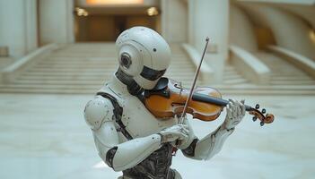 A humanoid robot skillfully plays a violin in a spacious theater environment. Its intricate design highlights the blend of technology and artistry, captivating the audience with music. photo