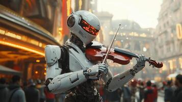 A humanoid robot skillfully plays a violin in a bustling theater district. The vibrant lights and crowds create an energetic atmosphere that complements the robot's musical talent. photo
