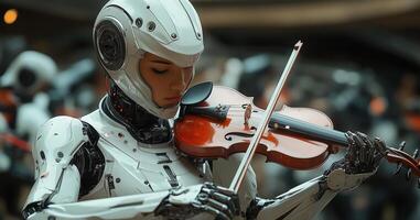 In a vibrant theater, a humanoid robot skillfully plays a violin, showcasing its musical talents. Surrounding robots observe, creating a captivating atmosphere of innovation and art. photo