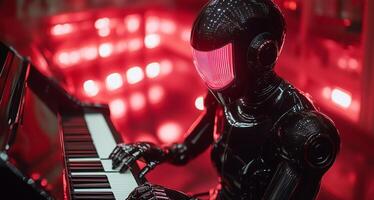A humanoid robot skillfully performs on a piano in a theater illuminated by dramatic red lights. The scene captures the intersection of technology and music in a captivating musical experience. photo