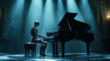 A humanoid robot plays a grand piano in a vintage theater, illuminated by soft beams of light. The elegant setting enhances the captivating performance, blending technology with artistry. photo