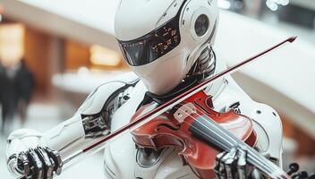 A humanoid robot performs a captivating violin solo in a sleek theater environment. The futuristic design of the robot enhances the artistic experience as it interacts with the audience. photo