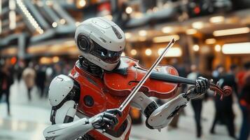 A humanoid robot skillfully plays a violin, captivating an audience in a lively theater. The vibrant atmosphere features a blend of technology and art, showcasing innovation in performance. photo