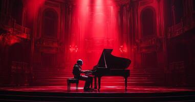 A humanoid robot captivates the audience by playing a grand piano in a theater adorned with intricate architecture. photo
