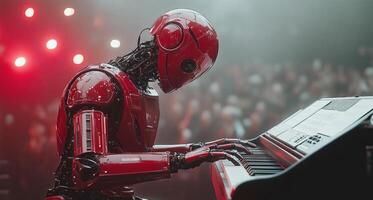 A humanoid robot skillfully plays a piano on stage, engaging the audience at a theater during a live music concert. The atmosphere is vibrant, filled with colored lights and eager spectators. photo