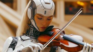 A humanoid robot is skillfully playing a violin in a theater, captivating the audience with its musical performance. photo