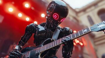 A humanoid robot showcases its musical talent by performing on stage with a guitar. The outdoor theater is filled with vibrant lights, creating an energetic atmosphere for the audience. photo