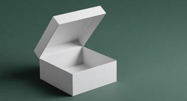 An open gift box sits on a smooth surface, inviting exploration of its unseen contents. The white box contrasts with the rich green backdrop, enhancing the anticipation of what awaits inside. photo