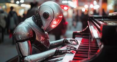 A humanoid robot with a metallic surface skillfully plays a piano in a vibrant theater filled with people. The atmosphere is alive with music as spectators enjoy the unique performance. photo