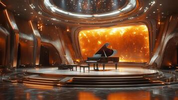 A humanoid robot is performing on a sleek, modern stage, playing a grand piano. The backdrop features a vibrant, glowing display, enhancing the theatrical atmosphere of the musical event. photo