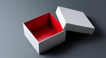 A gift box is open, revealing a bright red interior while resting on a gray surface. The exterior features a soft texture, hinting at the exciting delivery awaiting inside this unwrapped parcel. photo