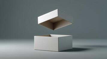 A gift box is shown partially open, hovering above another empty box in a simple, modern setting. The focus is on the contrast between the boxes and the muted background. photo