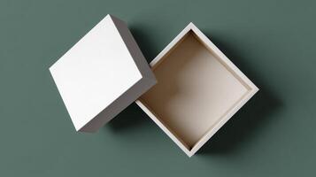 A gift box is open and empty, placed on a flat surface with a minimalist design. The neutral colors make it ideal for various occasions, inviting curiosity about what lies inside. photo