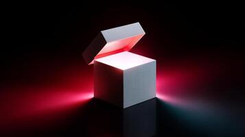 A beautifully wrapped gift box is partially open, revealing an intriguing light inside. The shimmering exterior contrasts with the vibrant illumination, suggesting a magical reveal. photo