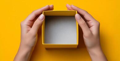 Two hands are carefully holding an open yellow delivery box that is empty. The background is a vibrant yellow, creating a cheerful and inviting atmosphere. photo