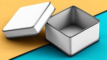 A clean, open gift box is placed on a vibrant yellow and turquoise surface. It invites anticipation for the contents inside, highlighting the joy of unboxing and gifting experiences. photo