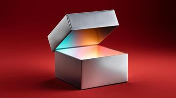 A person opens a beautifully wrapped silver gift box on a red background. The inside of the box glows with various colors, creating an inviting and joyful atmosphere during a surprise delivery. photo