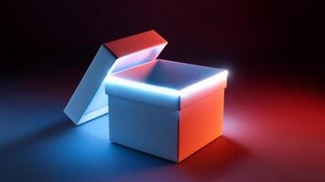 A stunning gift box is opened to reveal colorful lighting inside, creating an inviting atmosphere. The scene captures the excitement of receiving a parcel during a festive celebration. photo