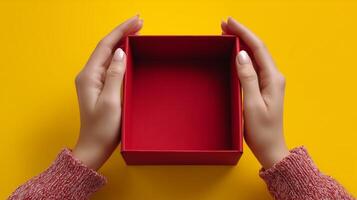 Two hands grasp an open red box, revealing its empty interior against a vibrant yellow background. The scene captures a sense of anticipation for the unboxing experience. photo