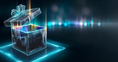 A glowing gift box with an open lid reveals vibrant colors inside. The futuristic scene is set against a dark background, showcasing bright lights and a sense of anticipation around the parcel. photo