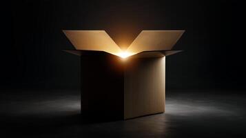 A brown gift box sits open in a dark environment, emitting a warm, glowing light from within. This captivating visual stirs curiosity about its contents and conveys a sense of anticipation. photo