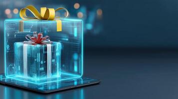 A beautifully wrapped gift box awaits opening, contained within a transparent delivery box with a shimmering bow. Glowing lights in the background create a modern atmosphere for this special moment. photo