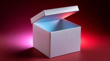 A beautifully designed gift box sits open and ready for exploration. The soft glow of red and blue lights creates an inviting atmosphere, enhancing the anticipation of unveiling the contents inside. photo