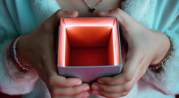 A pair of hands hold an open, empty box, displaying its colorful interior. The box is ready to receive items, suggesting anticipation and surprise. photo