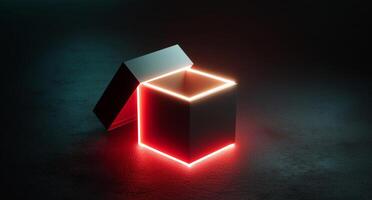 A delivery box with a vibrant, glowing edge is open and waiting to reveal its contents. The dark background accentuates the box's unique design, adding an element of anticipation. photo