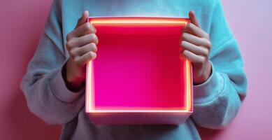 A person is holding an open box, showcasing its bright inner lining. The scene features a warm pink background, creating a lively atmosphere. photo