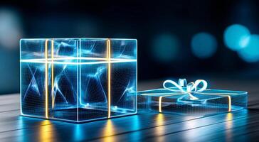 A glowing gift box with a ribbon sits on a wooden table, illuminated by soft lights in a cozy environment. The transparent design adds a magical touch, enhancing the anticipation of unwrapping. photo