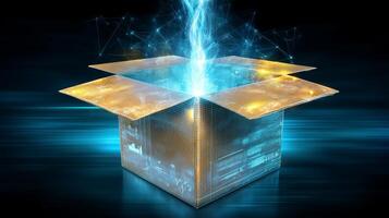 A colorful gift box is being opened, revealing bright light beams and glowing elements. This moment reflects excitement and curiosity about the surprise inside. The setting is dynamic and engaging. photo