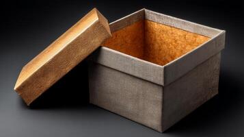 A carefully opened gift box showcases its empty interior. The box features a textured design and sits on a dark surface. This moment captures the anticipation of a special delivery or surprise. photo
