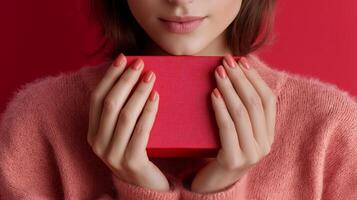 A person with neatly manicured nails is holding a small red parcel close to their chest. The background is a bold red, adding warmth to the scene. The activity suggests anticipation and excitement. photo