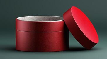 A shiny red gift box sits open, showcasing its inner lining. The box is elegantly designed, making it perfect for special occasions. Its vibrant color adds charm and excitement to the moment. photo