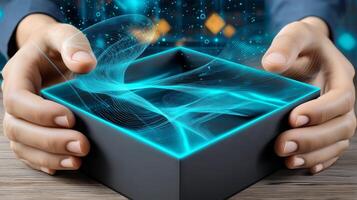A pair of hands gently open a sleek delivery box revealing a glowing, dynamic display of colorful patterns. The setting features a modern, digital atmosphere, enhancing the sense of wonder. photo