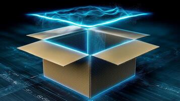 A cardboard box is being opened in a bright, modern setting, showcasing the surprise inside. The moment captures the joy of unwrapping a gift. photo