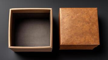 A beautifully crafted gift box sits open beside a closed box on a dark surface. The texture of the boxes adds elegance, inviting curiosity about the surprises they may hold. photo