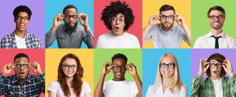 People, Emotions, Reaction Concept. Mosaic set of diverse people expressing different emotions, staring at camera with surprised or happy facial expressions and reactions, wearing spectacles photo