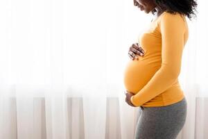 Beautiful pregnant black woman hugging her tummy, enjoying her pregnancy, free space. Side view of african american expecting lady standing next to window at home, touching her big belly photo