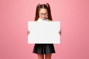 Private schooling. Small child girl in glasses and school uniform holds table with empty space and looks at it, isolated on pink background photo
