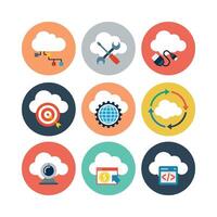Cloud Computing Services Flat Icons Set Technology And Network Solutions Business Applications Development And Management vector